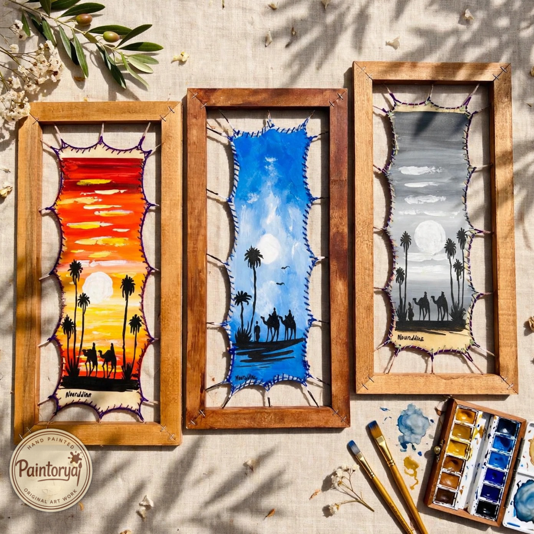 Original Set of 3 – Hand-Painted Leather Wall Art, 20x40cm Framed - Paintorya