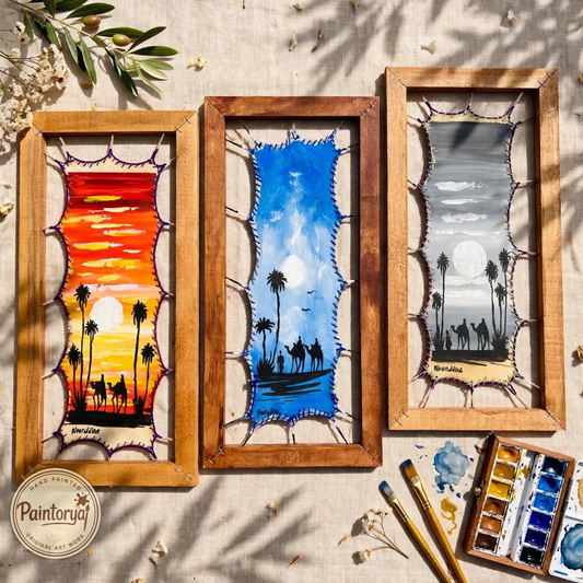 Original Set of 3 – Hand-Painted Leather Wall Art, 20x40cm Framed - Paintorya