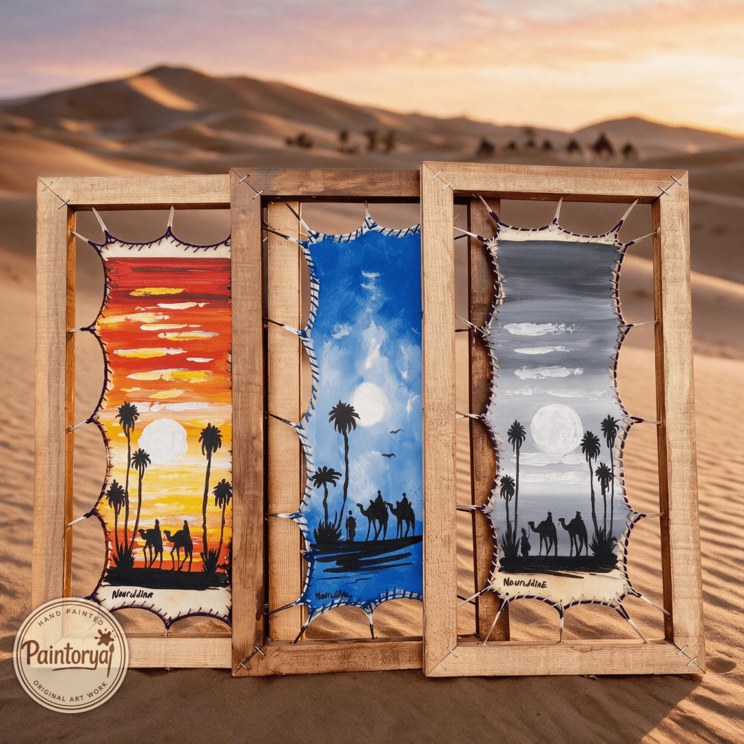 Original Set of 3 – Hand-Painted Leather Wall Art, 20x40cm Framed - Paintorya