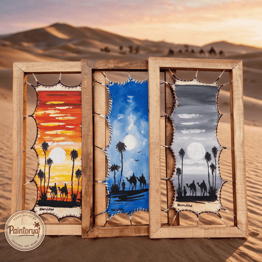 Original Set of 3 – Hand-Painted Leather Wall Art, 20x40cm Framed - Paintorya