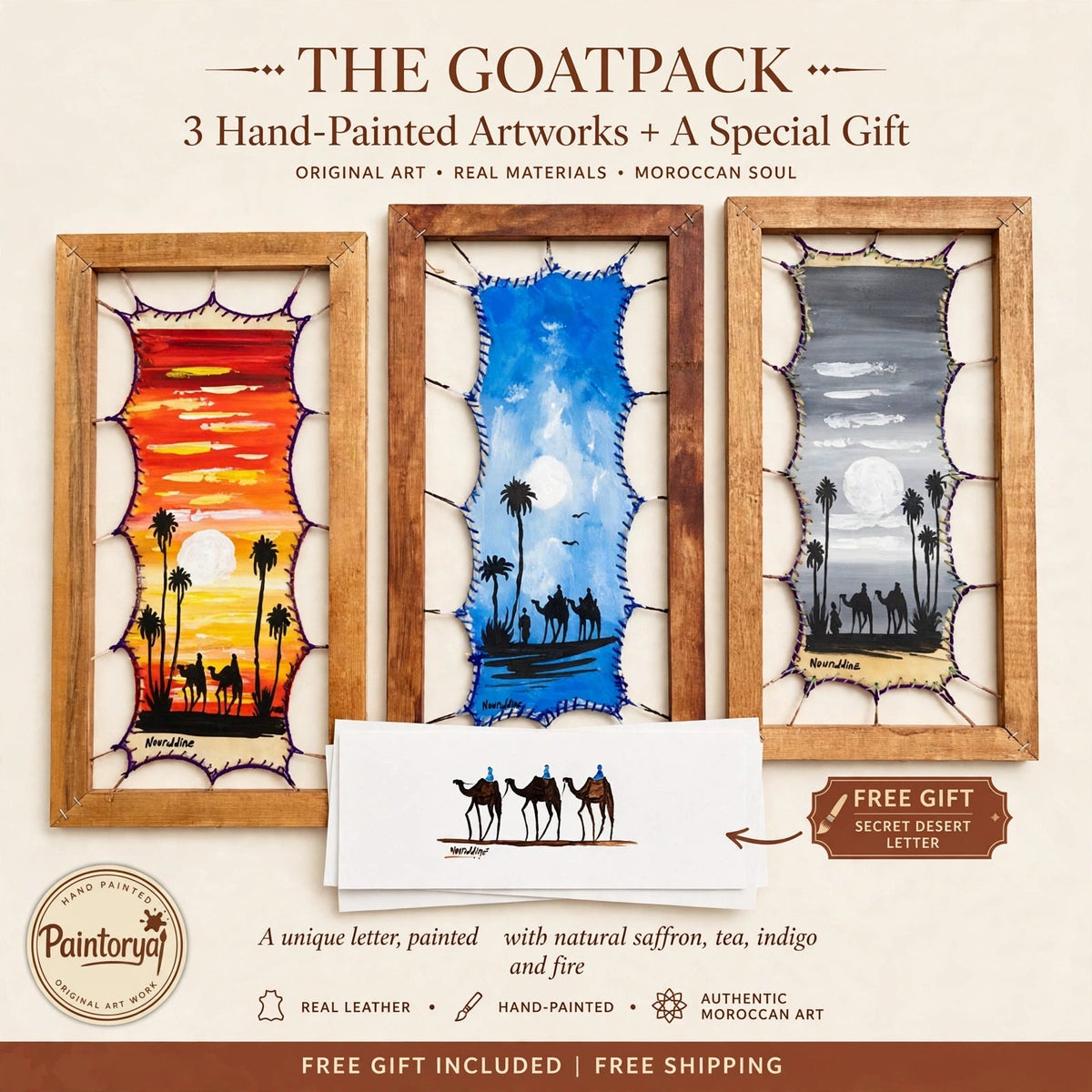 Original Set of 3 – Hand-Painted Leather Wall Art, 20x40cm Framed - Paintorya