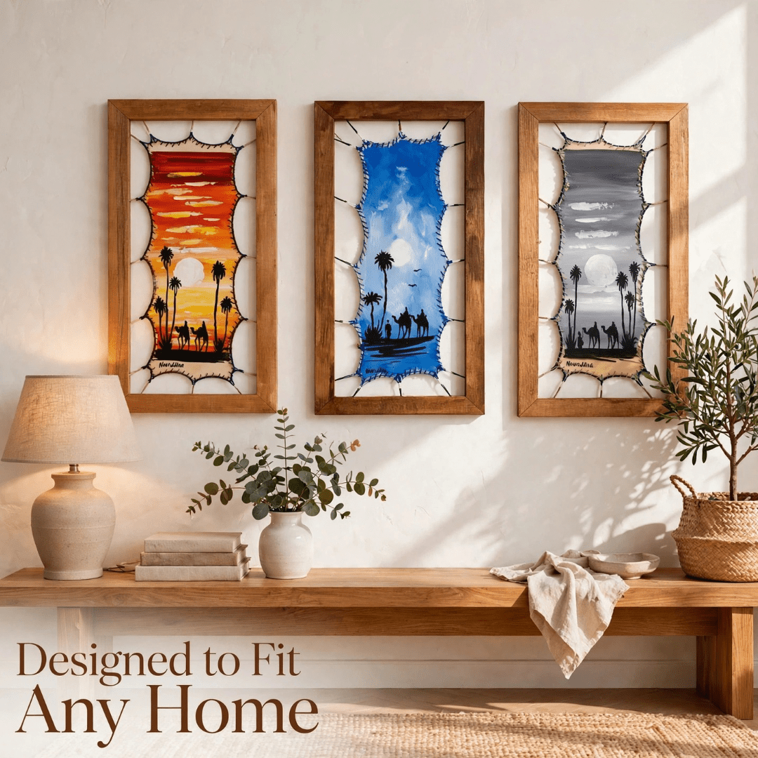 Original Set of 3 – Hand-Painted Leather Wall Art, 20x40cm Framed - Paintorya