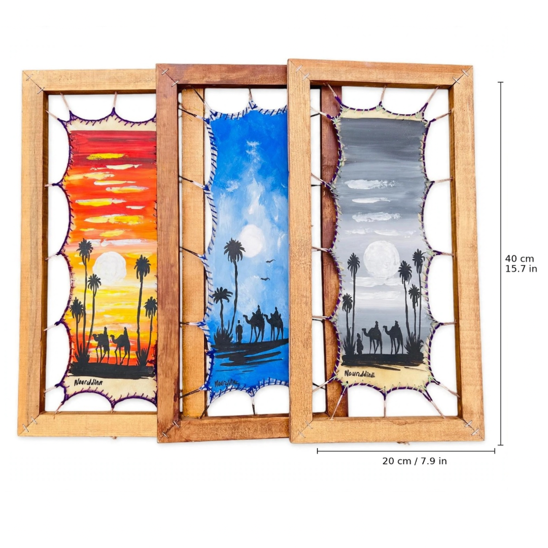 Original Set of 3 – Hand-Painted Leather Wall Art, 20x40cm Framed - Paintorya